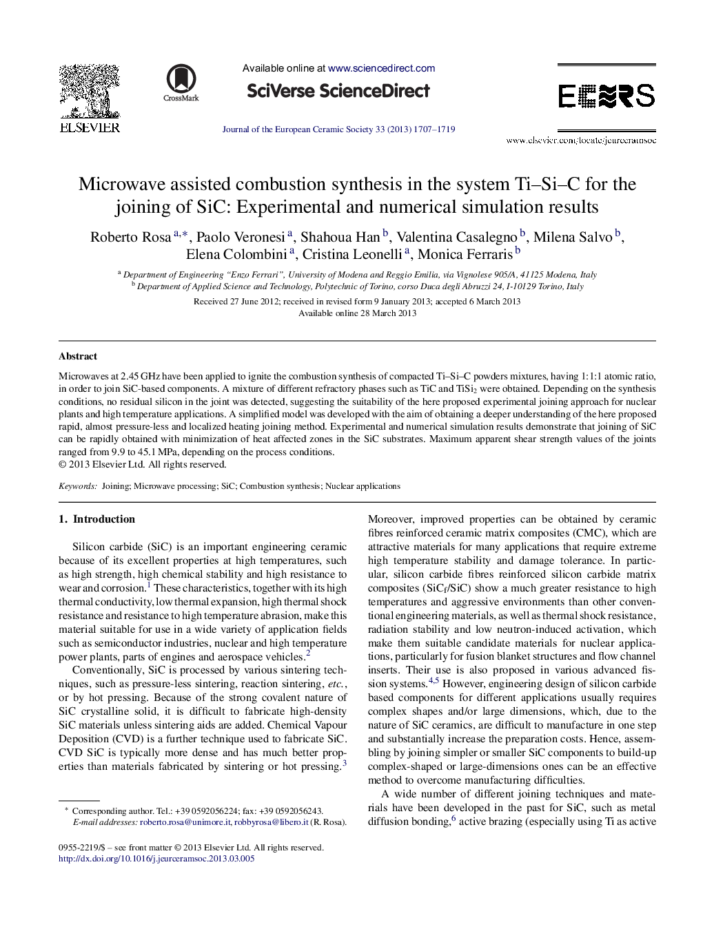 Microwave assisted combustion synthesis in the system Ti–Si–C for the joining of SiC: Experimental and numerical simulation results