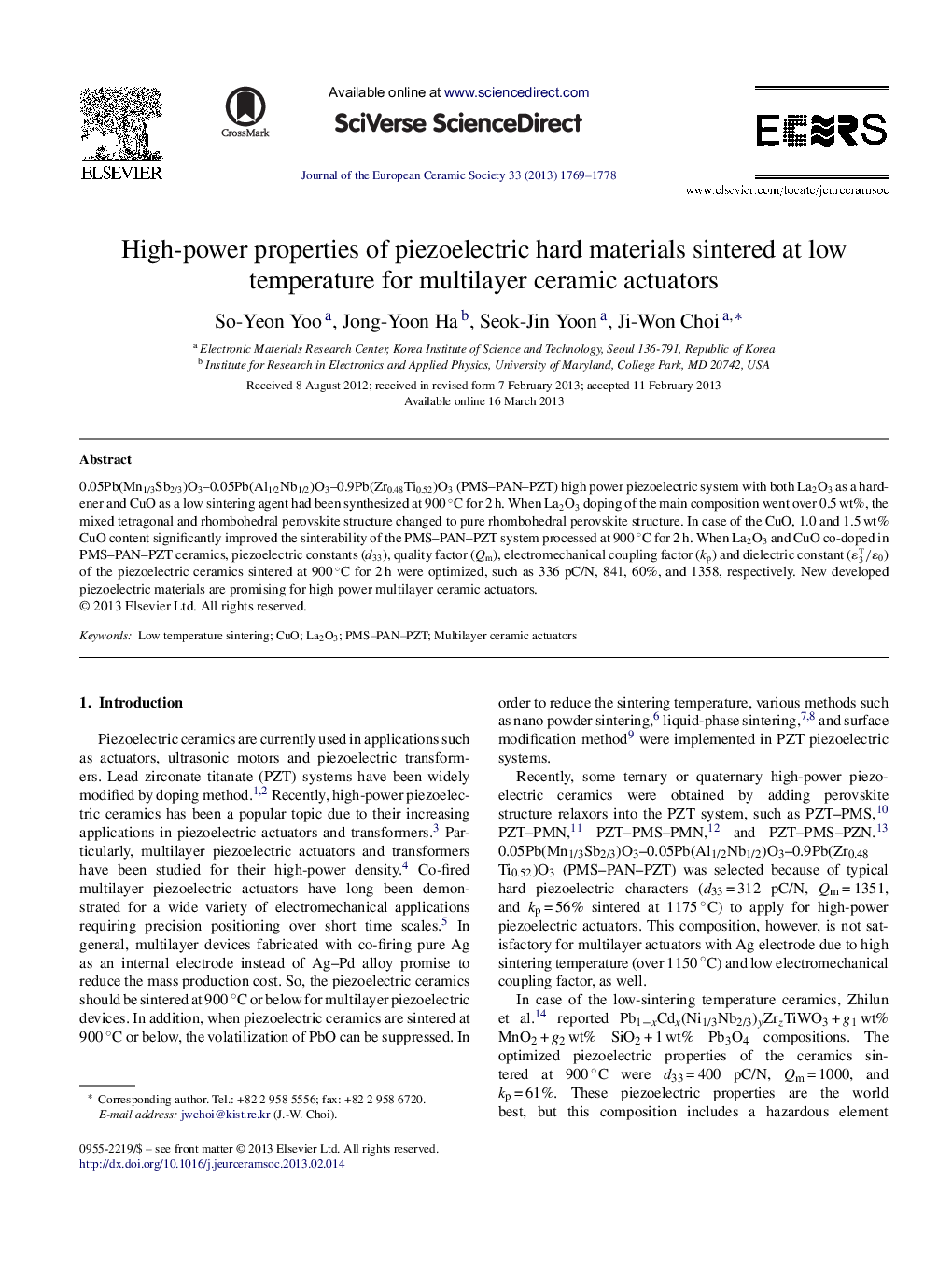 High-power properties of piezoelectric hard materials sintered at low temperature for multilayer ceramic actuators