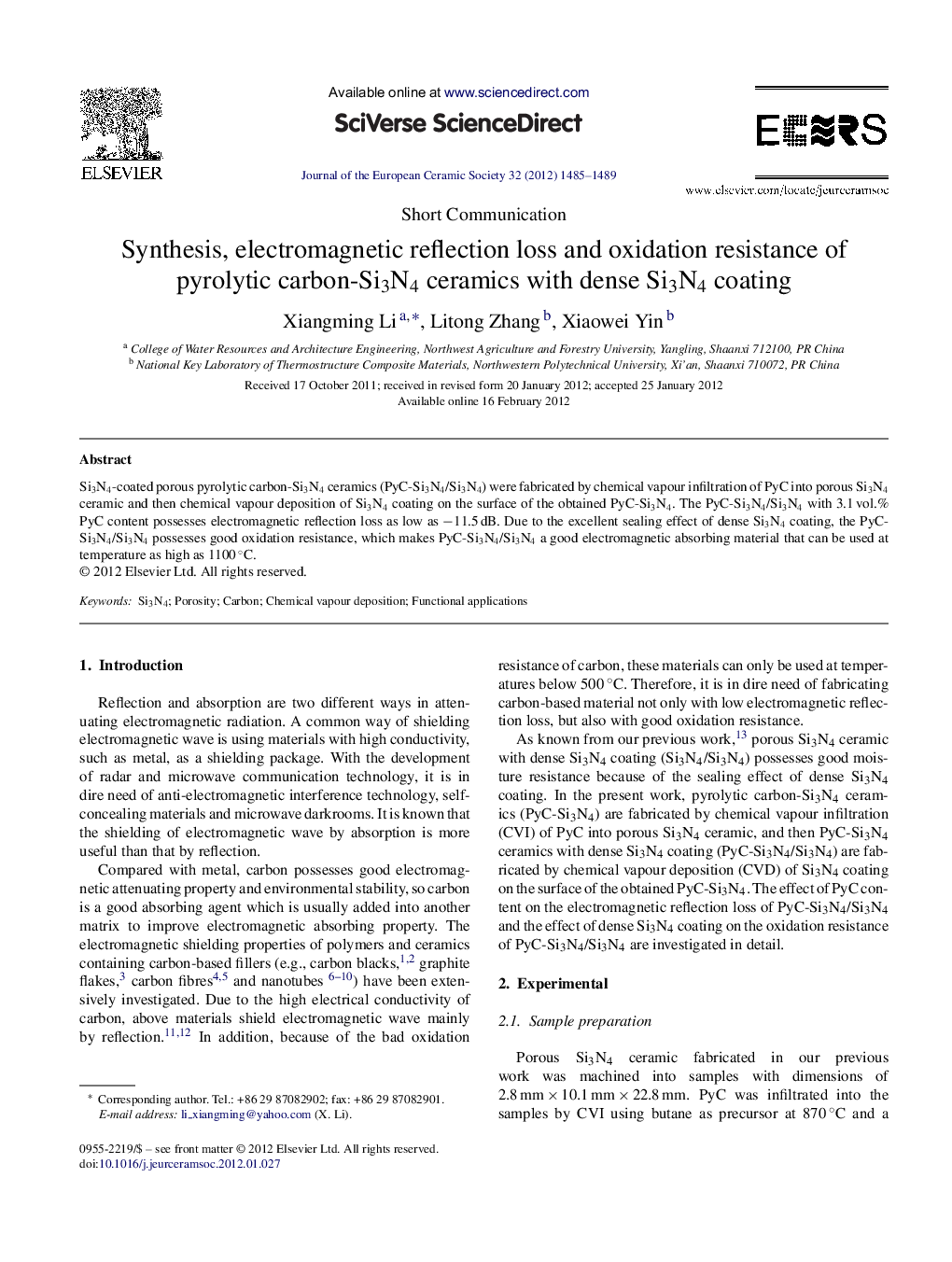 Synthesis, electromagnetic reflection loss and oxidation resistance of pyrolytic carbon-Si3N4 ceramics with dense Si3N4 coating