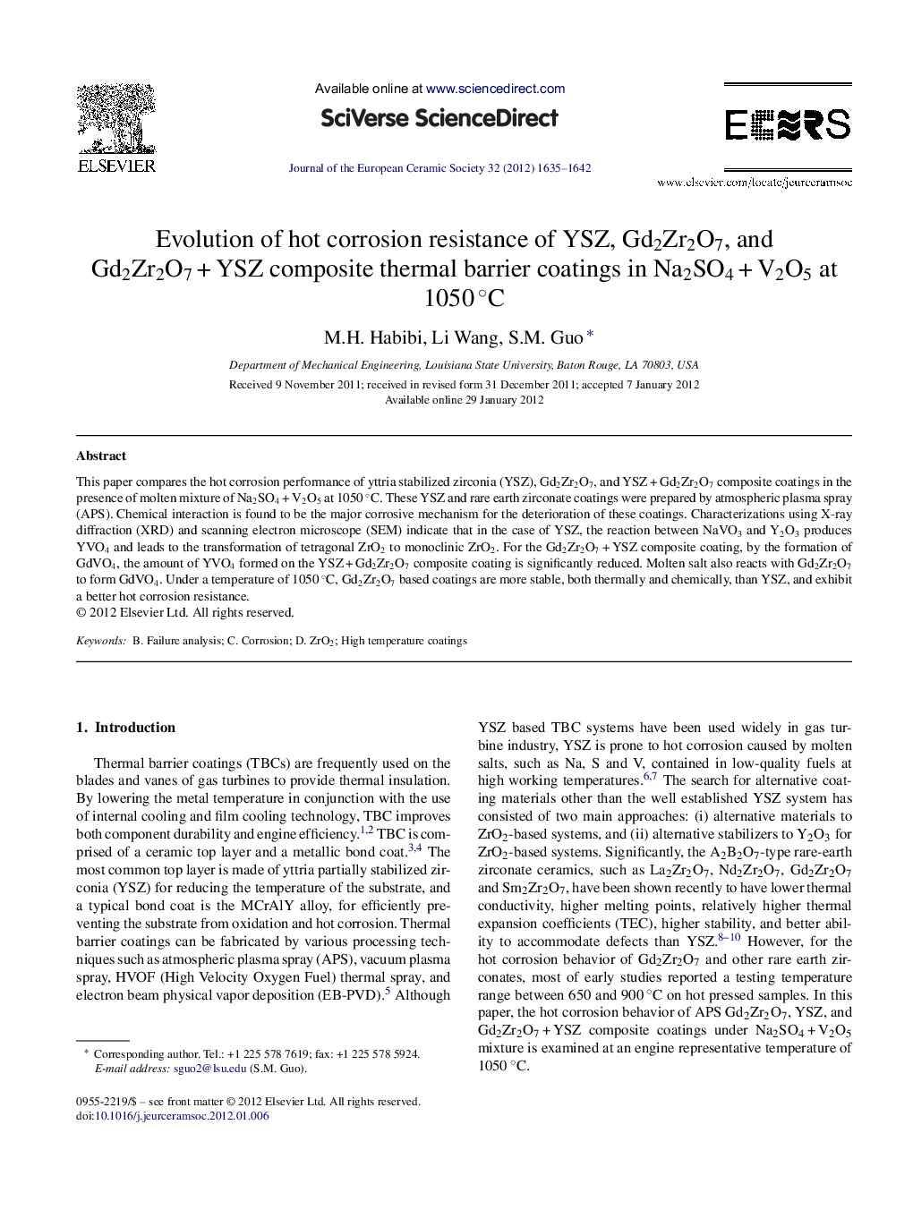 Evolution of hot corrosion resistance of YSZ, Gd2Zr2O7, and Gd2Zr2O7 + YSZ composite thermal barrier coatings in Na2SO4 + V2O5 at 1050 °C