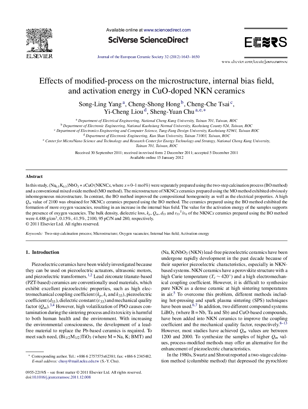 Effects of modified-process on the microstructure, internal bias field, and activation energy in CuO-doped NKN ceramics