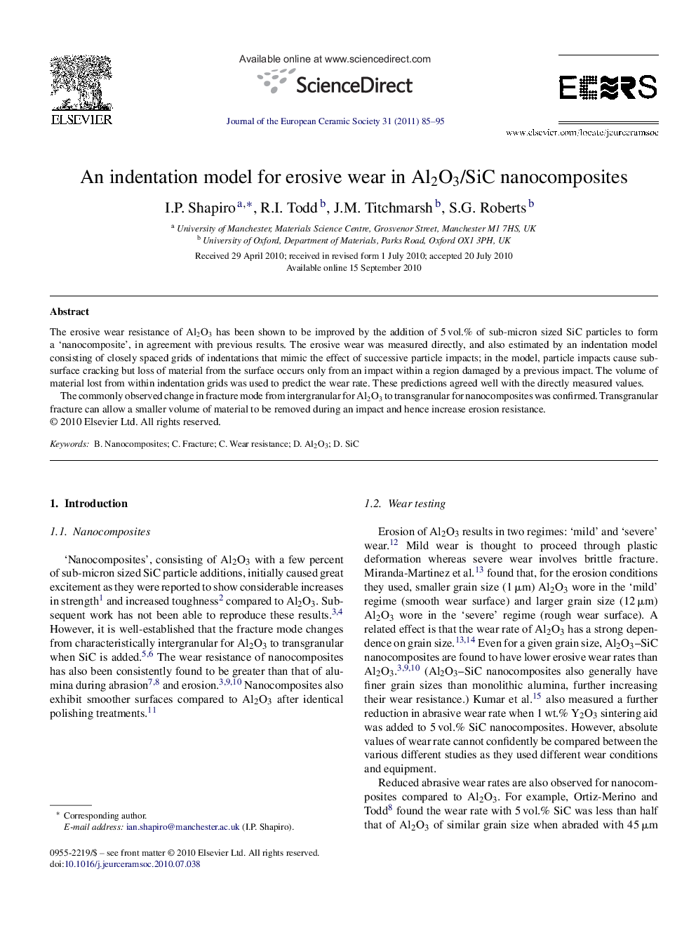 An indentation model for erosive wear in Al2O3/SiC nanocomposites