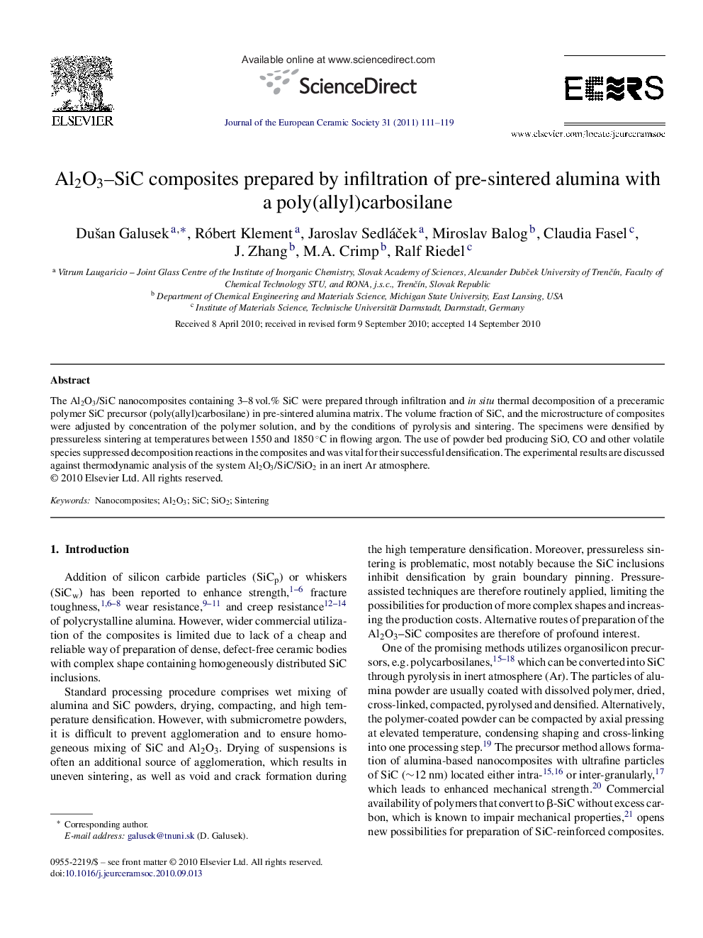 Al2O3–SiC composites prepared by infiltration of pre-sintered alumina with a poly(allyl)carbosilane