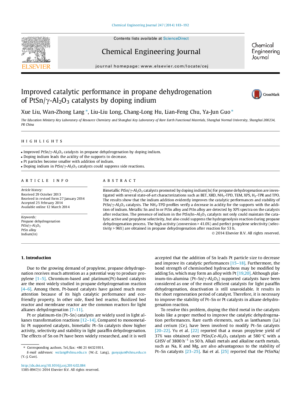 Improved catalytic performance in propane dehydrogenation of PtSn/γ-Al2O3 catalysts by doping indium