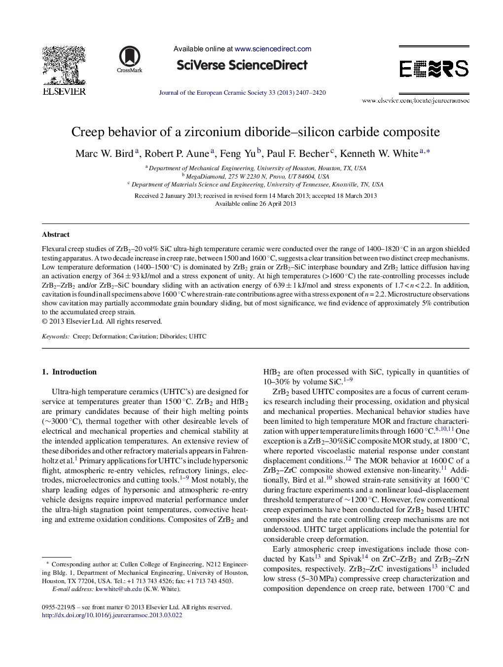 Creep behavior of a zirconium diboride–silicon carbide composite