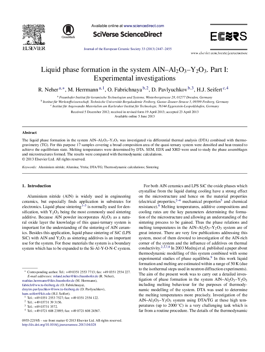 Liquid phase formation in the system AlN–Al2O3–Y2O3. Part I: Experimental investigations