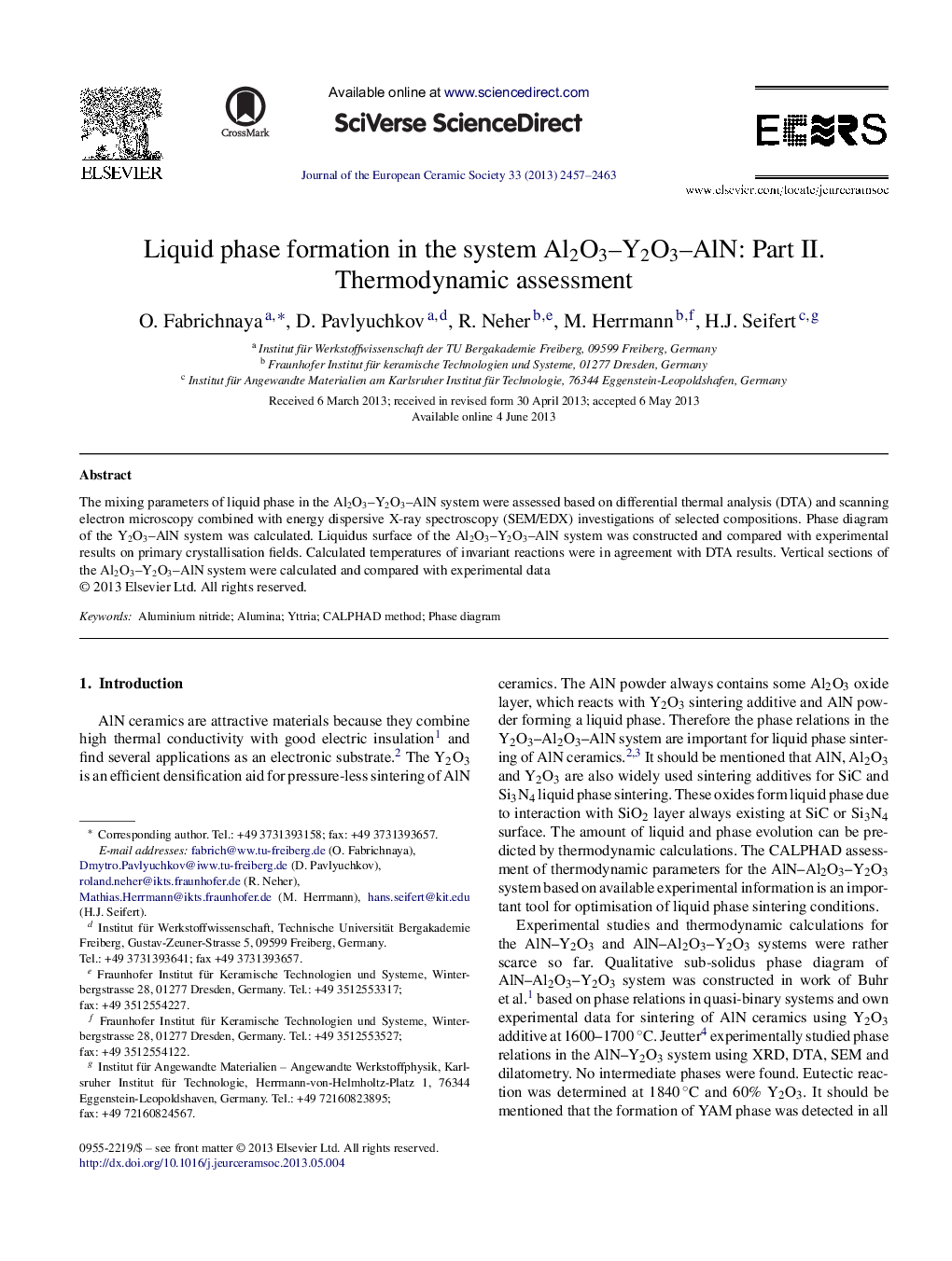 Liquid phase formation in the system Al2O3–Y2O3–AlN: Part II. Thermodynamic assessment