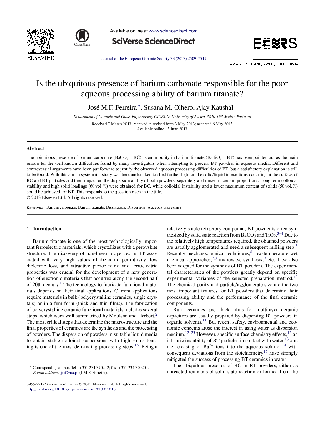 Is the ubiquitous presence of barium carbonate responsible for the poor aqueous processing ability of barium titanate?