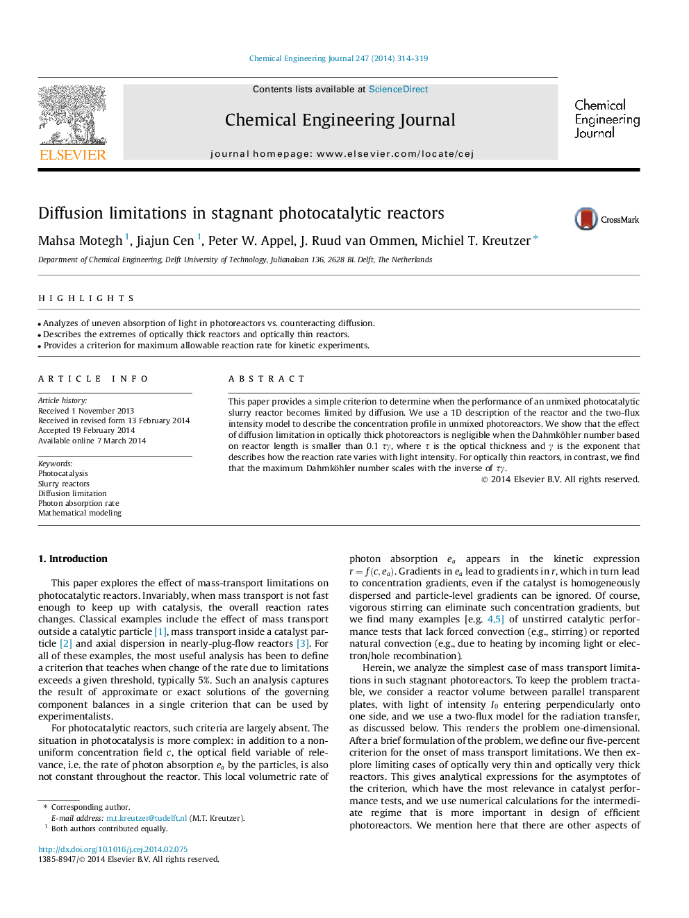 Diffusion limitations in stagnant photocatalytic reactors