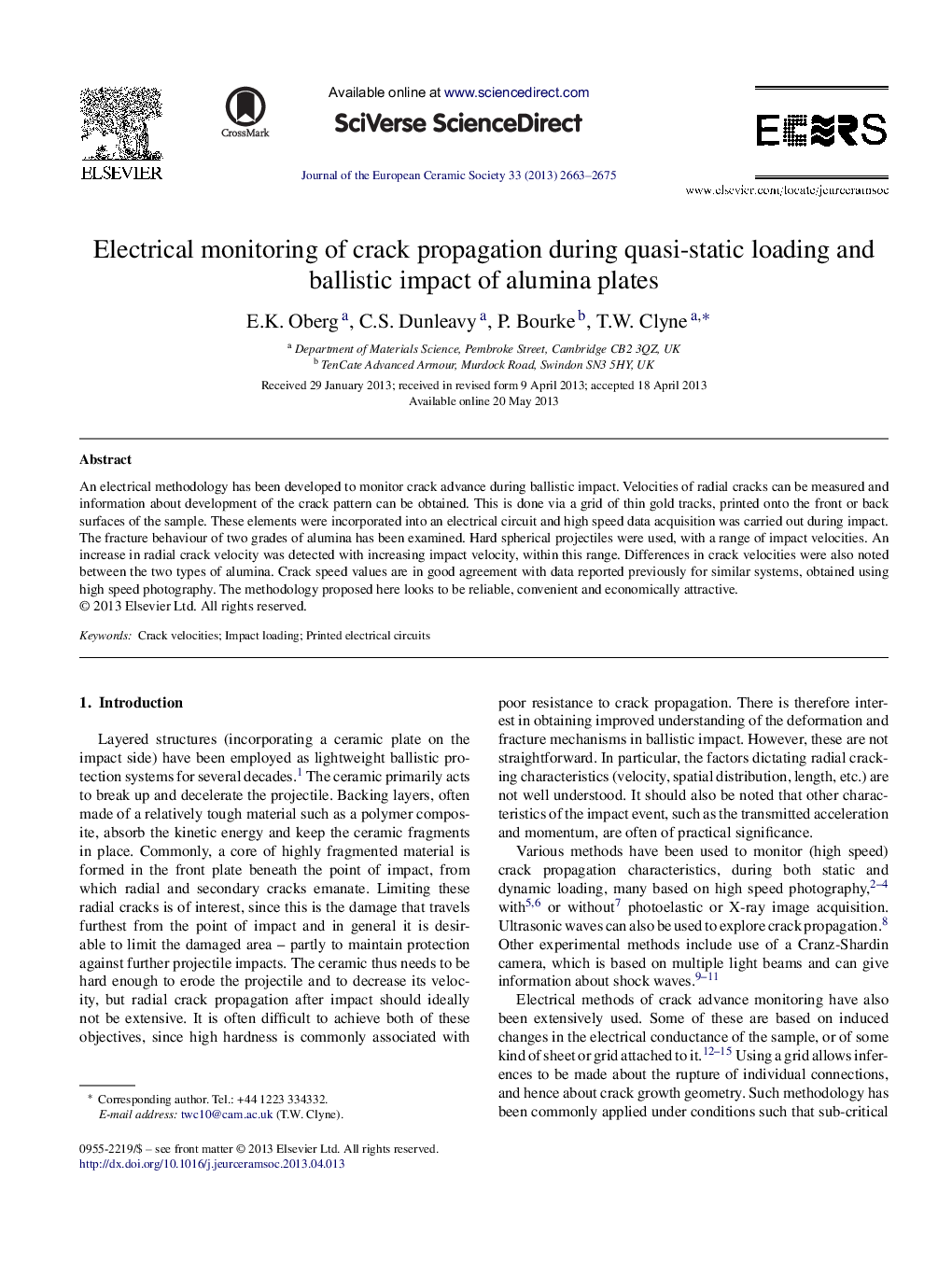 Electrical monitoring of crack propagation during quasi-static loading and ballistic impact of alumina plates