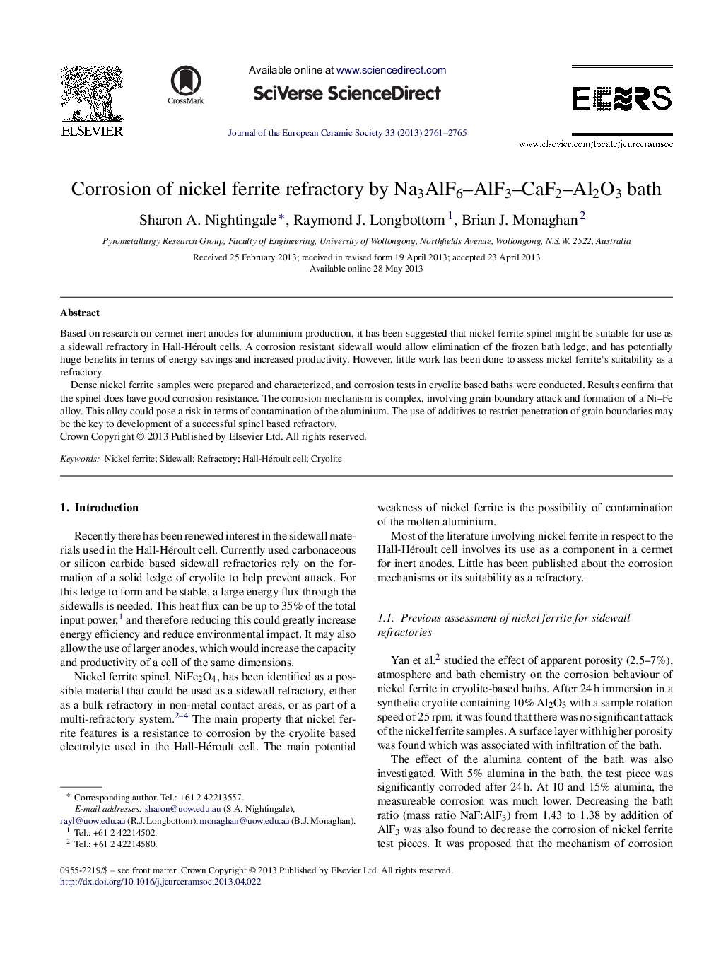 Corrosion of nickel ferrite refractory by Na3AlF6–AlF3–CaF2–Al2O3 bath