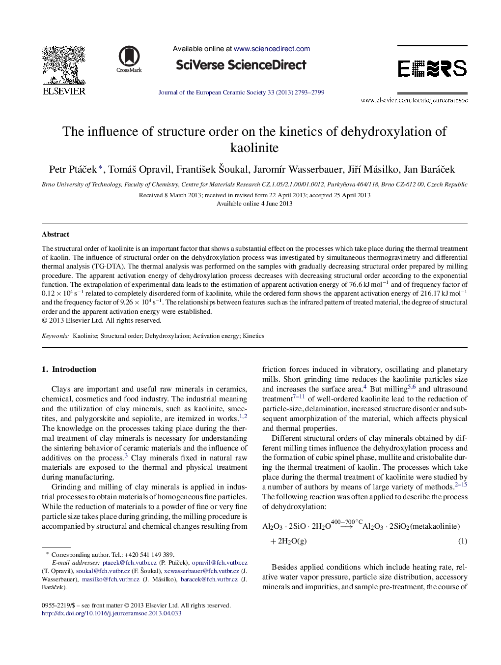 The influence of structure order on the kinetics of dehydroxylation of kaolinite