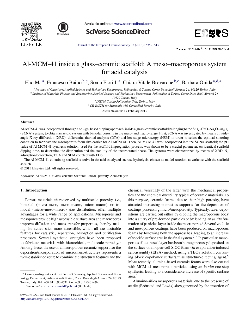 Al-MCM-41 inside a glass–ceramic scaffold: A meso–macroporous system for acid catalysis