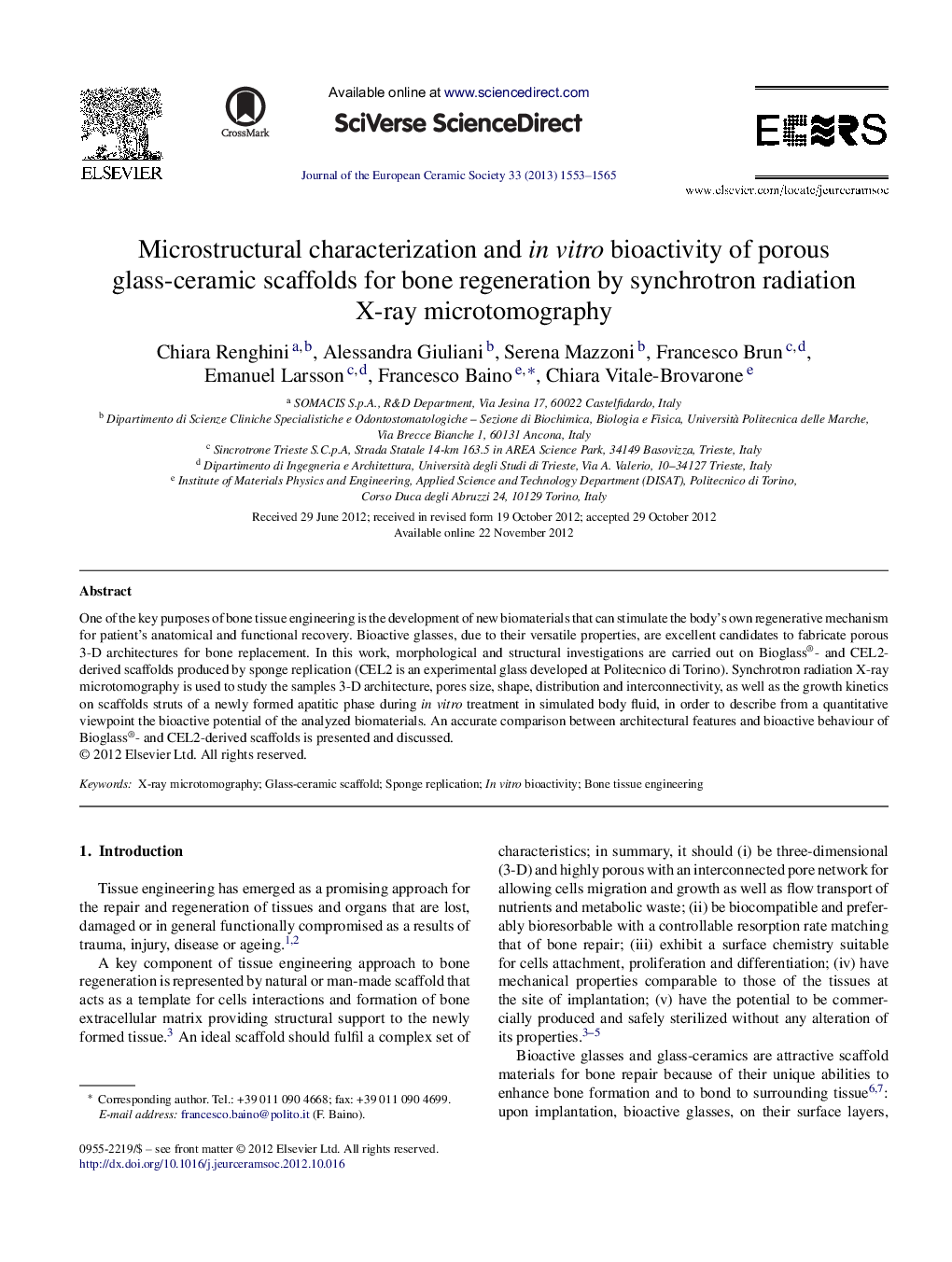 Microstructural characterization and in vitro bioactivity of porous glass-ceramic scaffolds for bone regeneration by synchrotron radiation X-ray microtomography