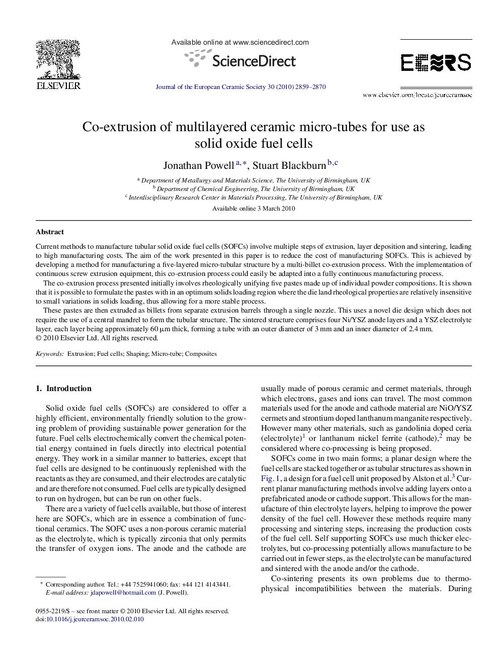 Co-extrusion of multilayered ceramic micro-tubes for use as solid oxide fuel cells