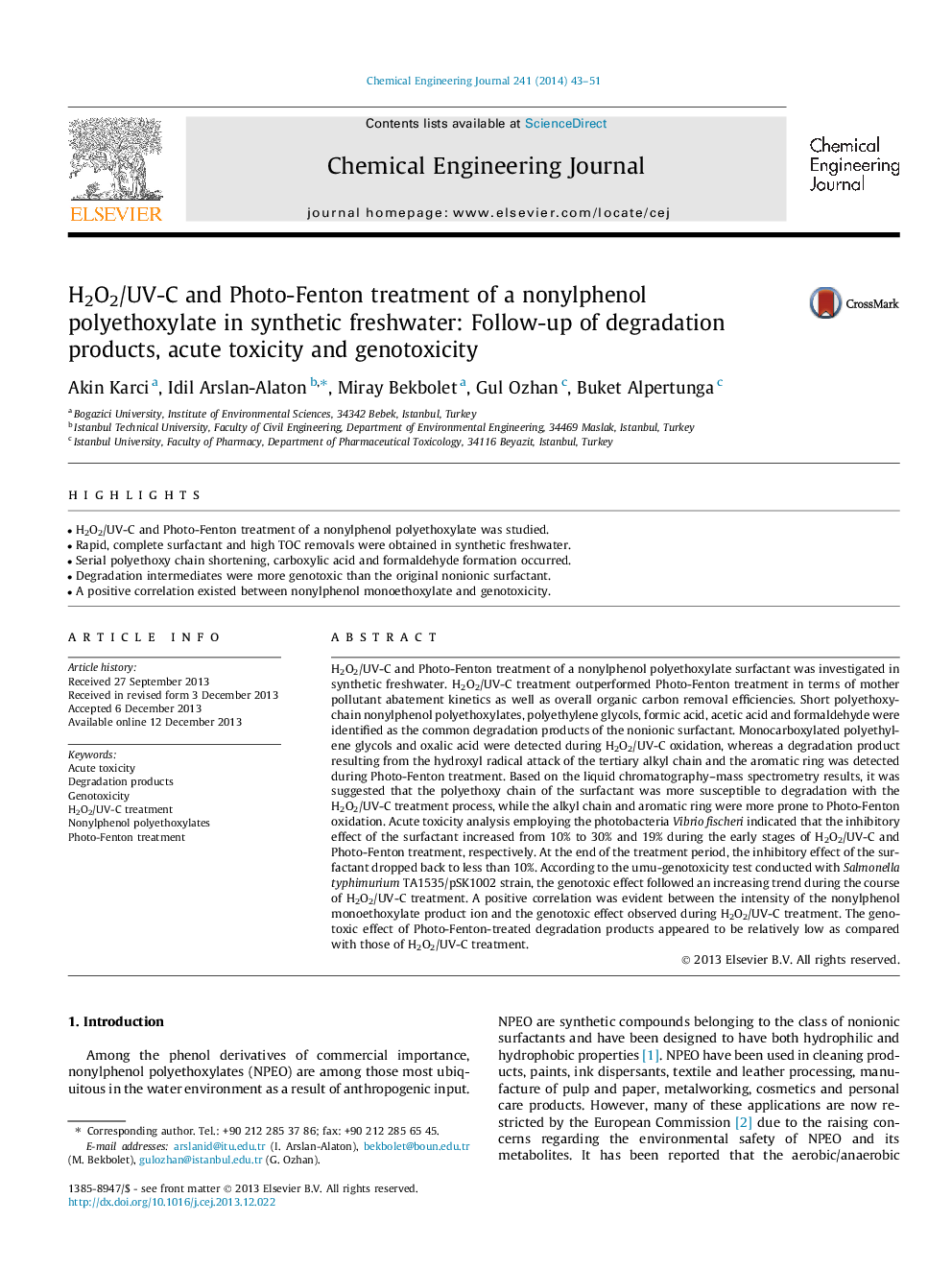 H2O2/UV-C and Photo-Fenton treatment of a nonylphenol polyethoxylate in synthetic freshwater: Follow-up of degradation products, acute toxicity and genotoxicity