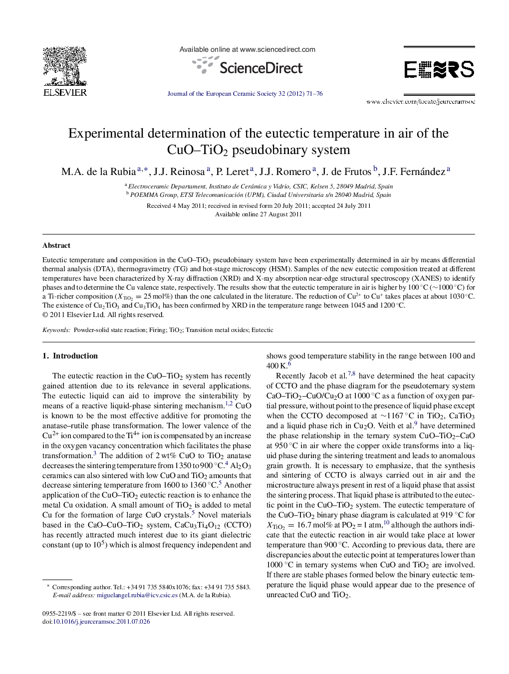 عکس صفحه اول مقاله: Experimental determination of the eutectic temperature in air of the CuO–TiO2 pseudobinary system Experimental determination of the eutectic temperature in air of the CuO–TiO2 pseudobinary system