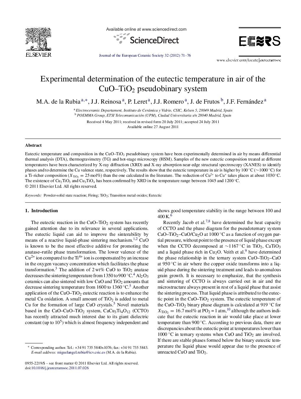 Experimental determination of the eutectic temperature in air of the CuO–TiO2 pseudobinary system