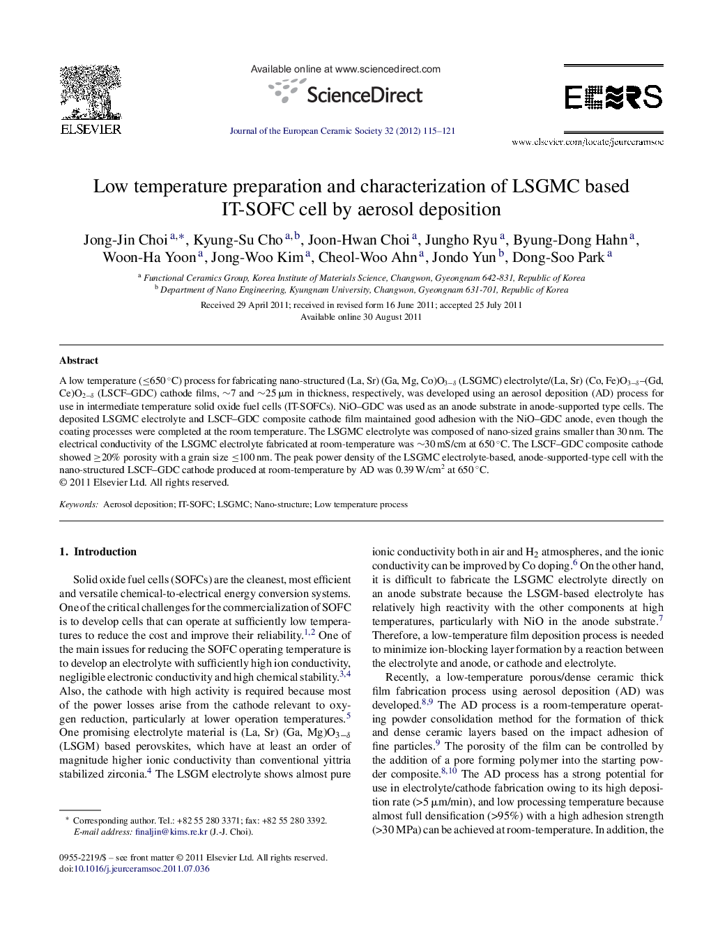 Low temperature preparation and characterization of LSGMC based IT-SOFC cell by aerosol deposition