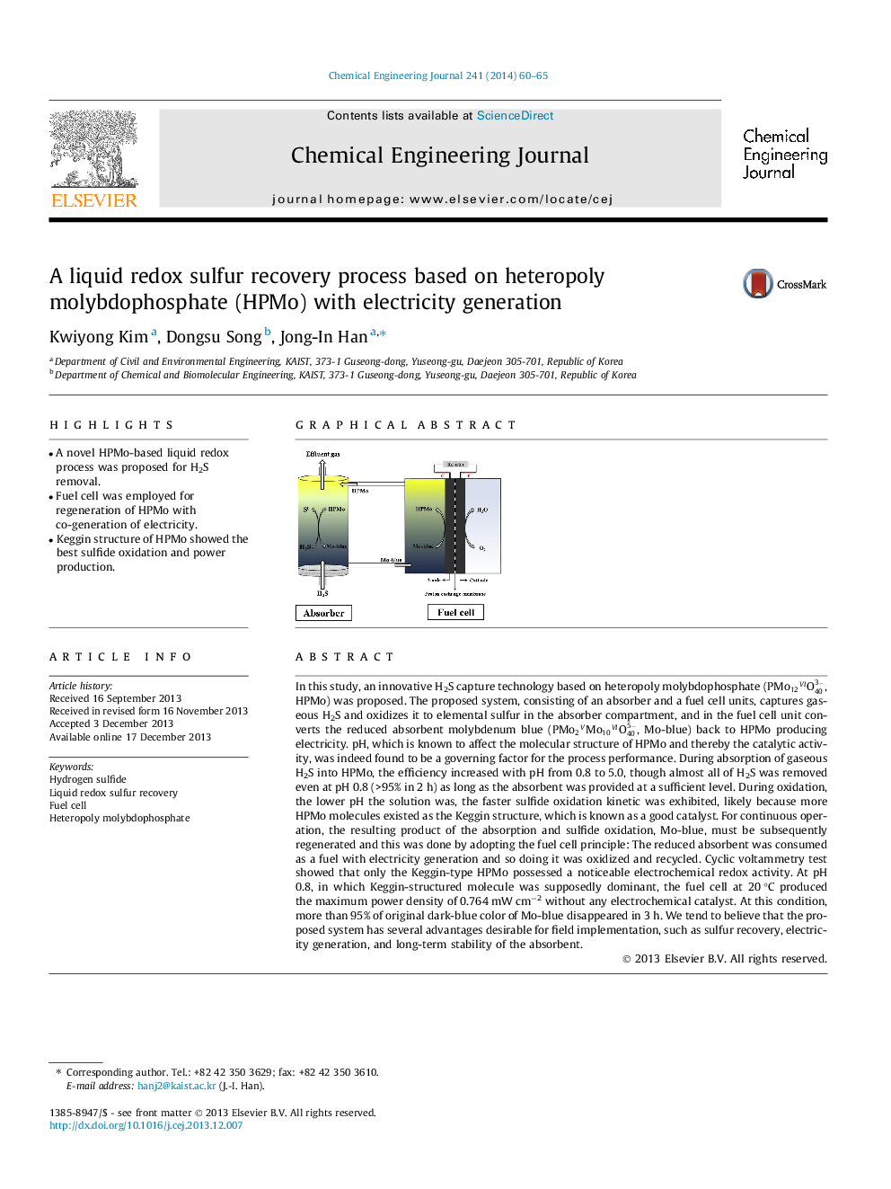 A liquid redox sulfur recovery process based on heteropoly molybdophosphate (HPMo) with electricity generation