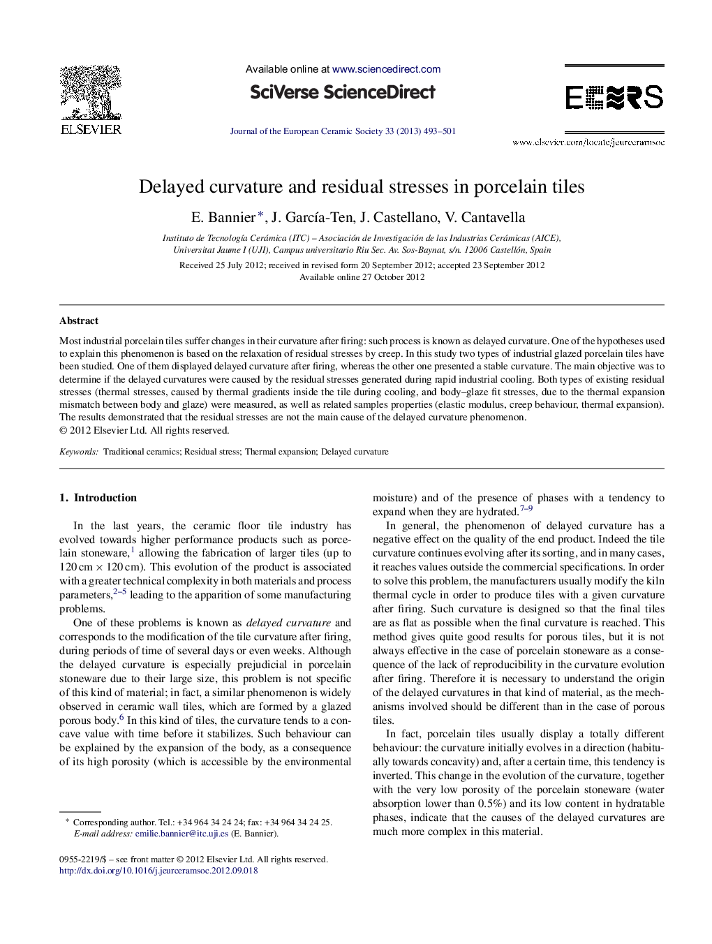 Delayed curvature and residual stresses in porcelain tiles