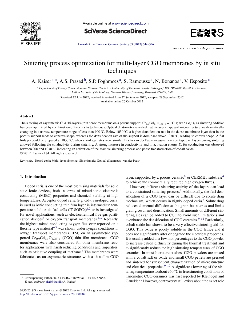 Sintering process optimization for multi-layer CGO membranes by in situ techniques