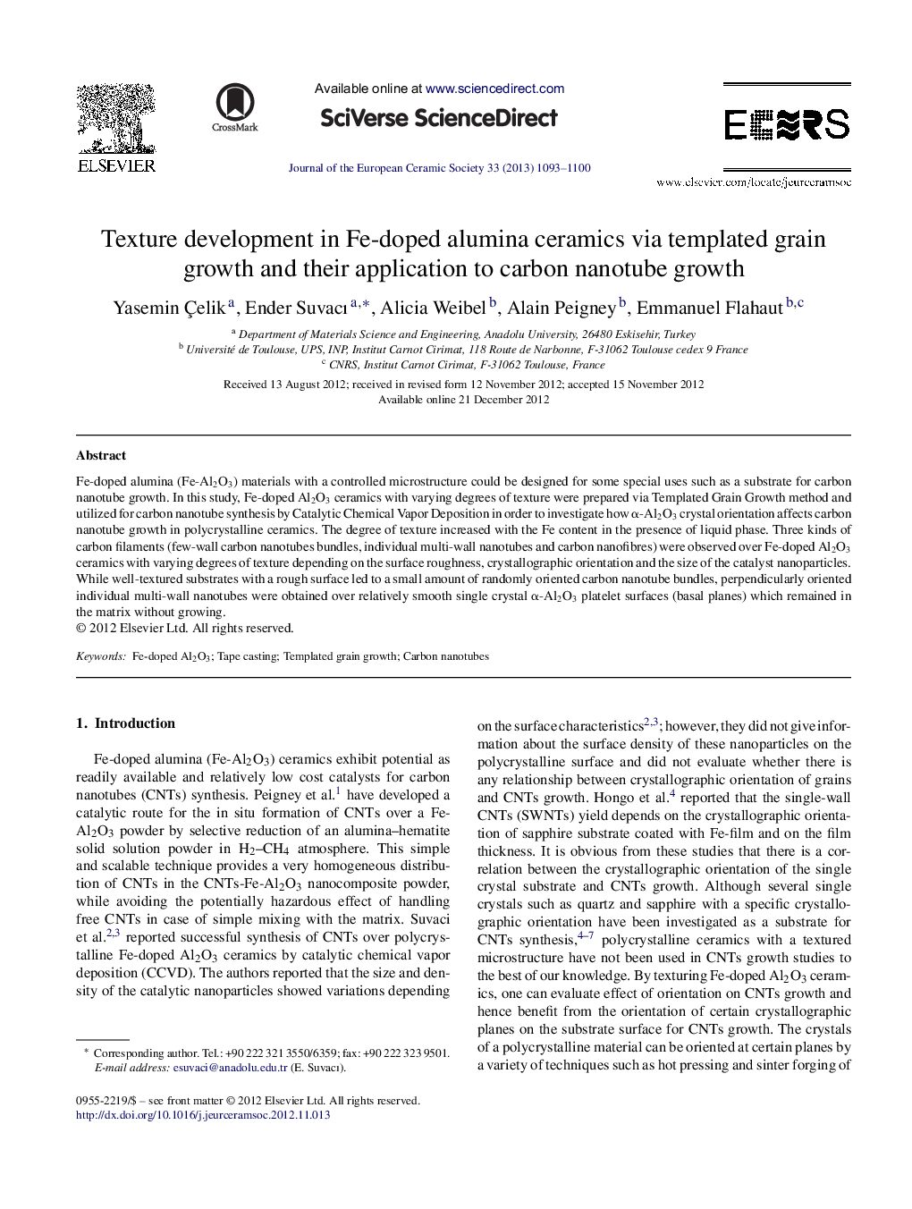 Texture development in Fe-doped alumina ceramics via templated grain growth and their application to carbon nanotube growth