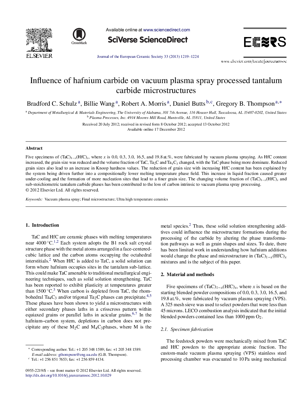 Influence of hafnium carbide on vacuum plasma spray processed tantalum carbide microstructures