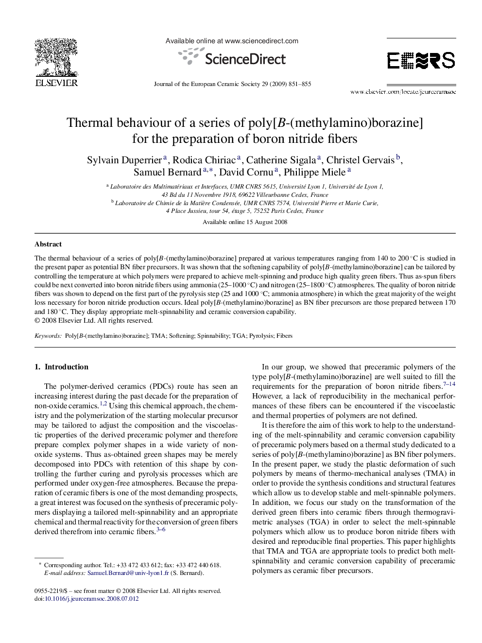 Thermal behaviour of a series of poly[B-(methylamino)borazine] for the preparation of boron nitride fibers