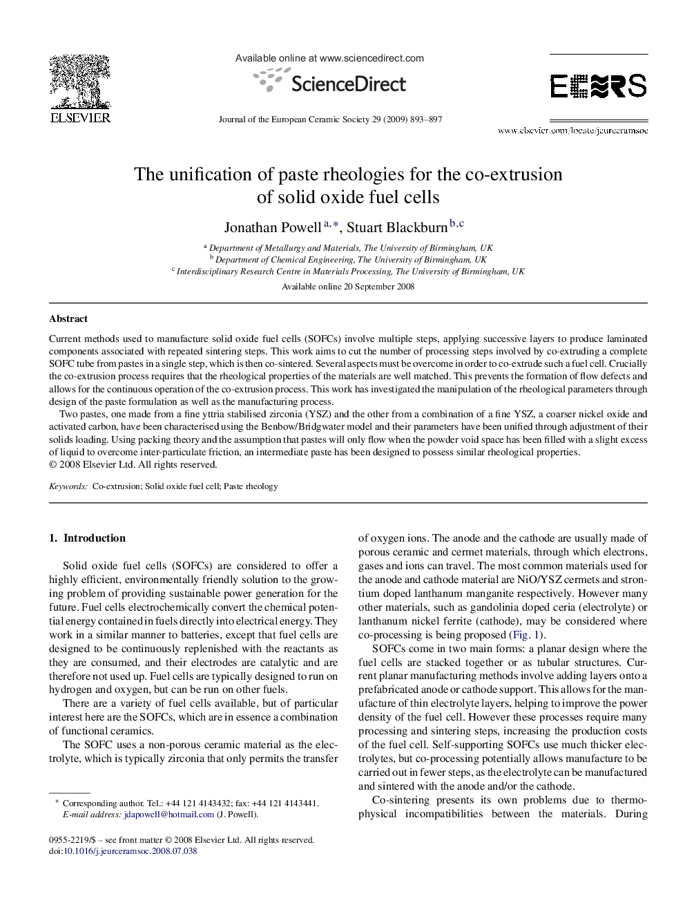 The unification of paste rheologies for the co-extrusion of solid oxide fuel cells