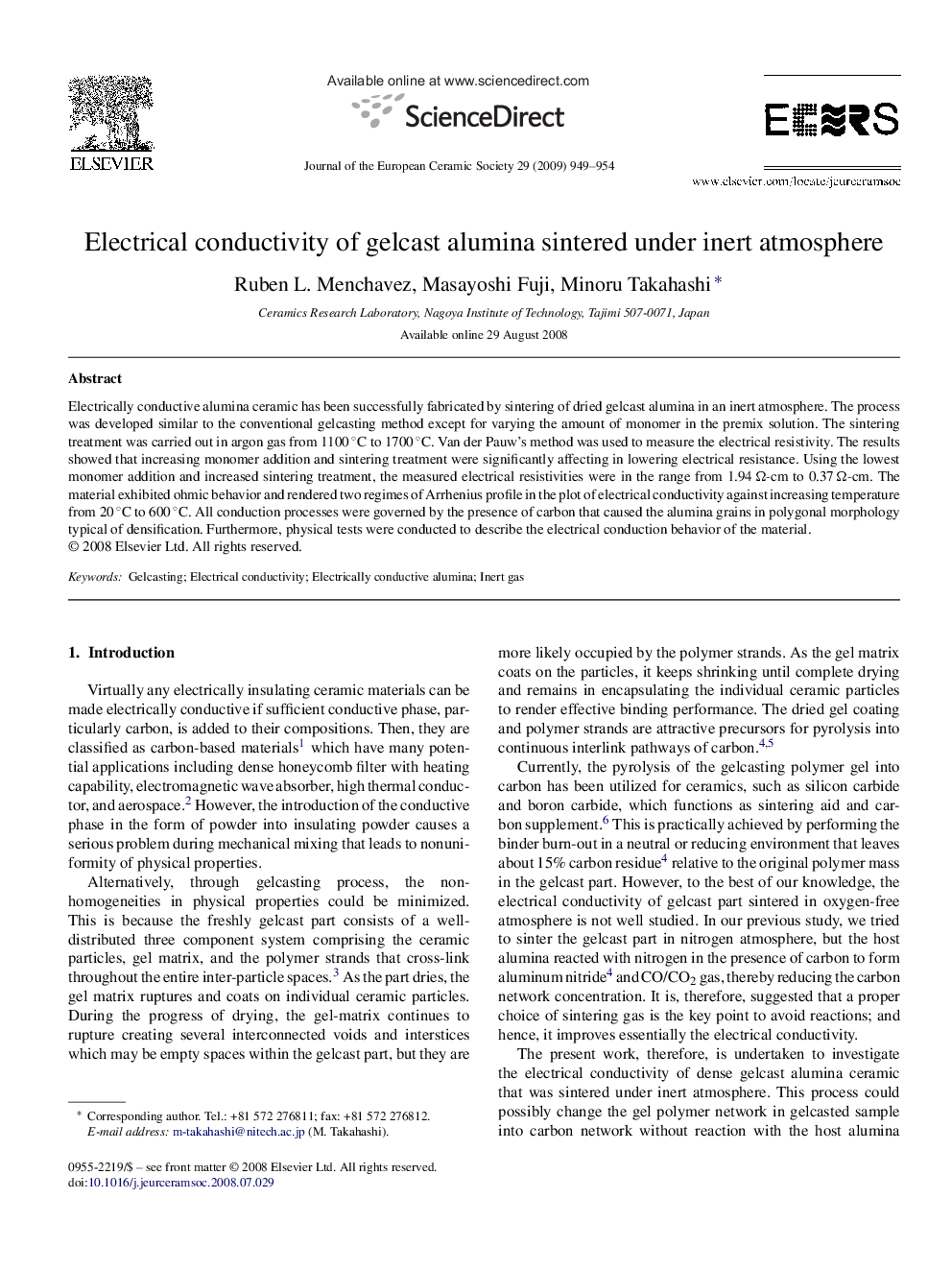 Electrical conductivity of gelcast alumina sintered under inert atmosphere