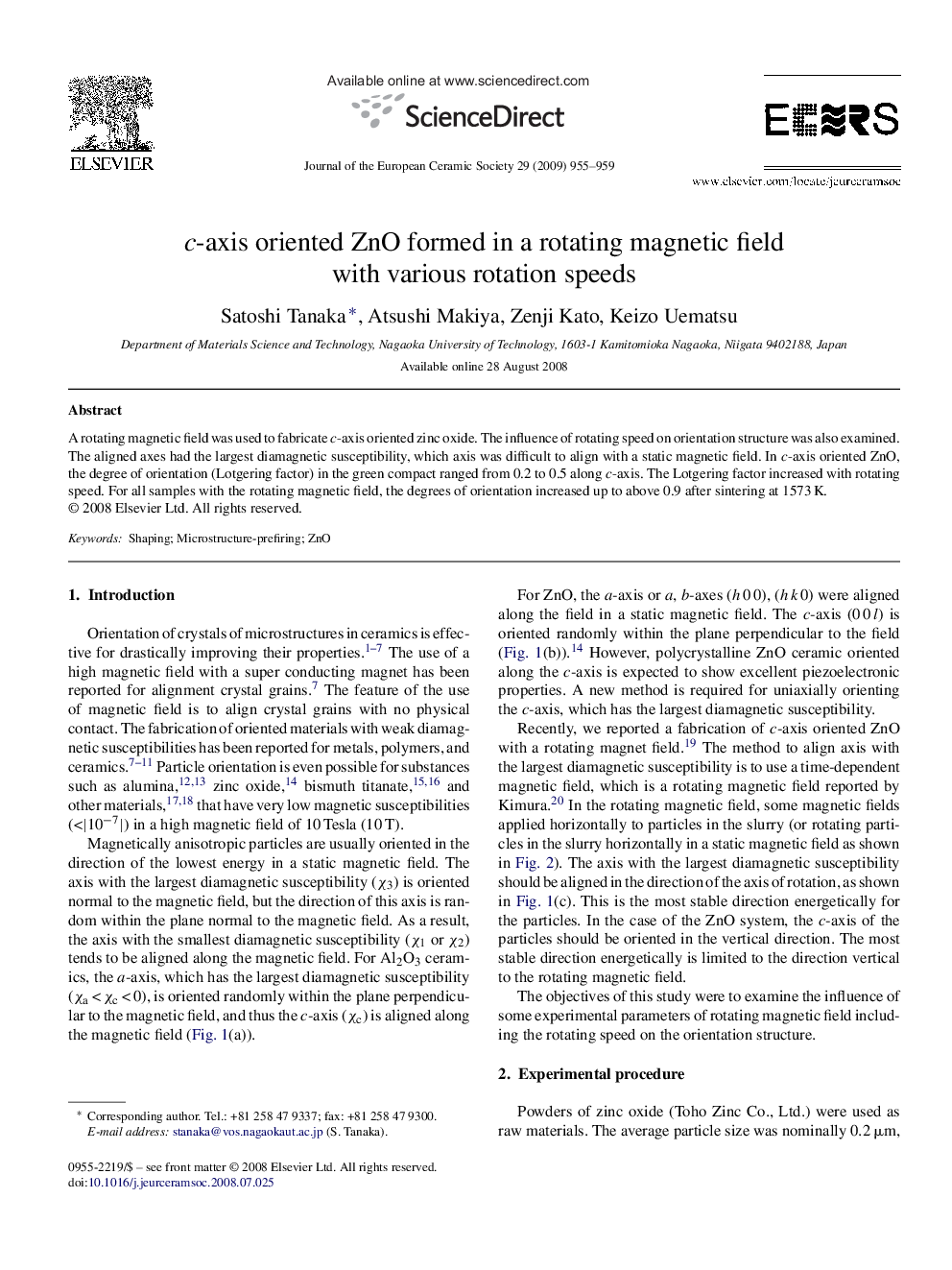 c-axis oriented ZnO formed in a rotating magnetic field with various rotation speeds
