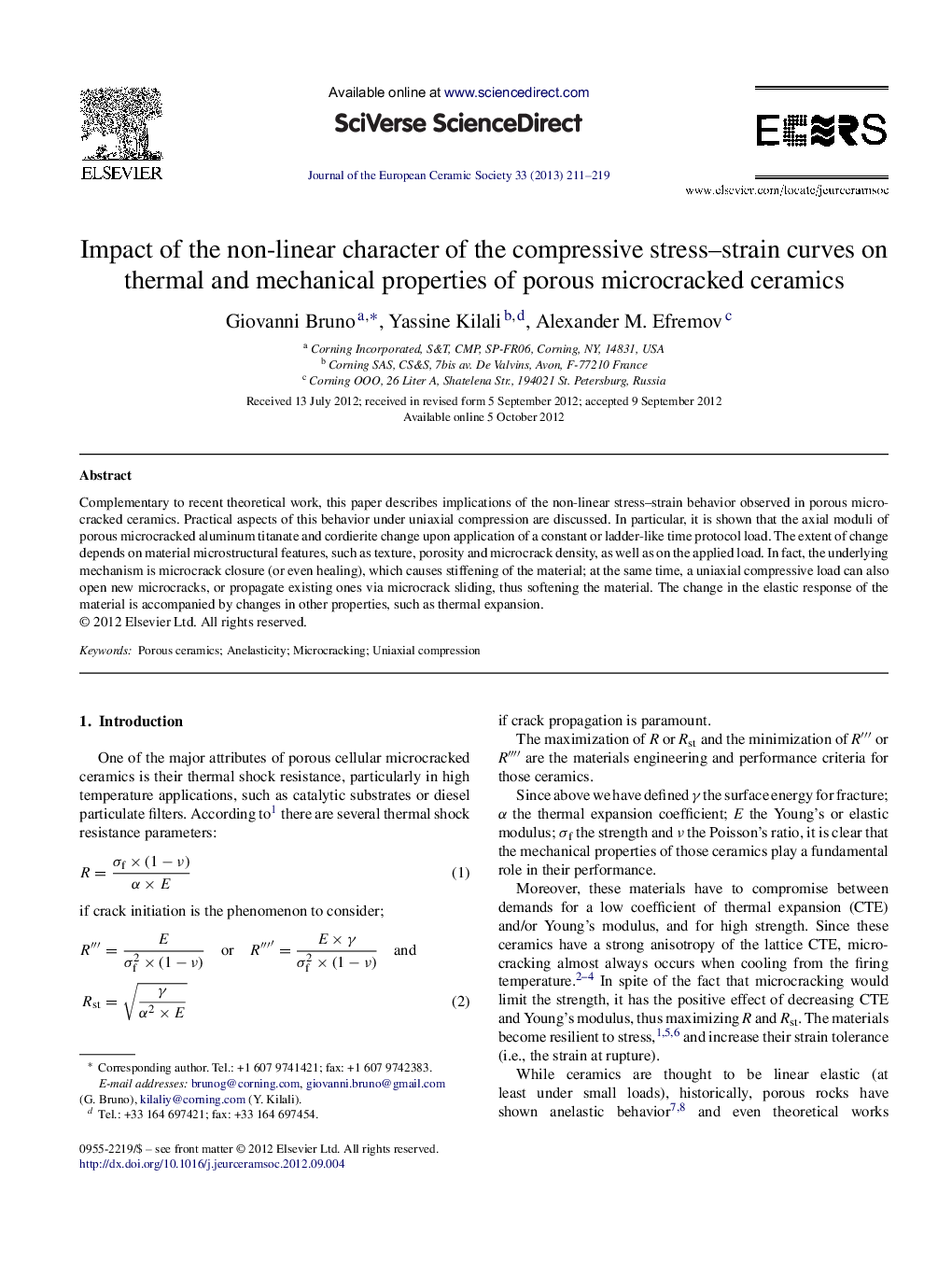 Impact of the non-linear character of the compressive stress–strain curves on thermal and mechanical properties of porous microcracked ceramics