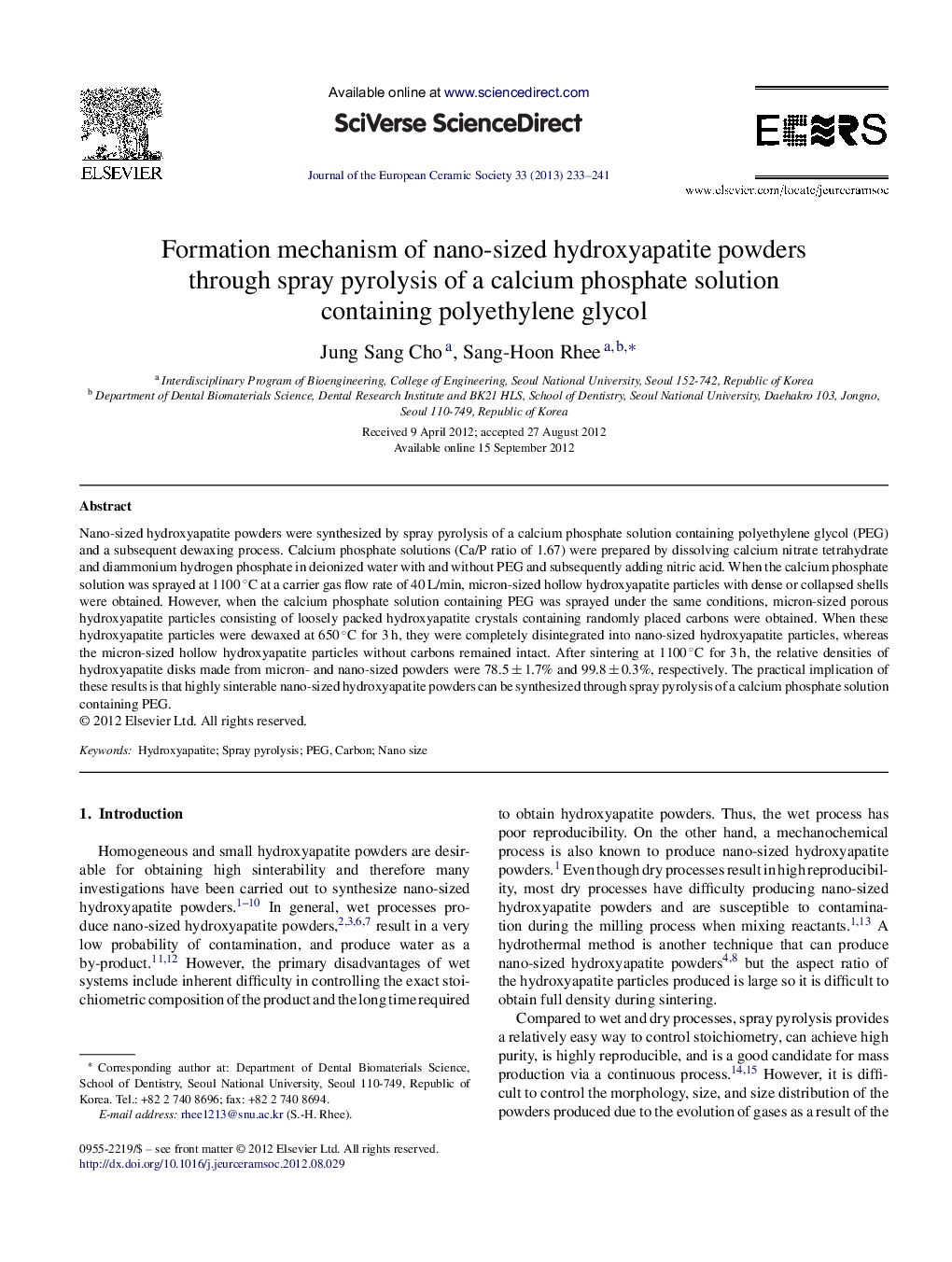 Formation mechanism of nano-sized hydroxyapatite powders through spray pyrolysis of a calcium phosphate solution containing polyethylene glycol