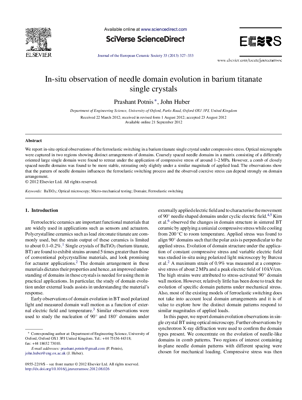 In-situ observation of needle domain evolution in barium titanate single crystals