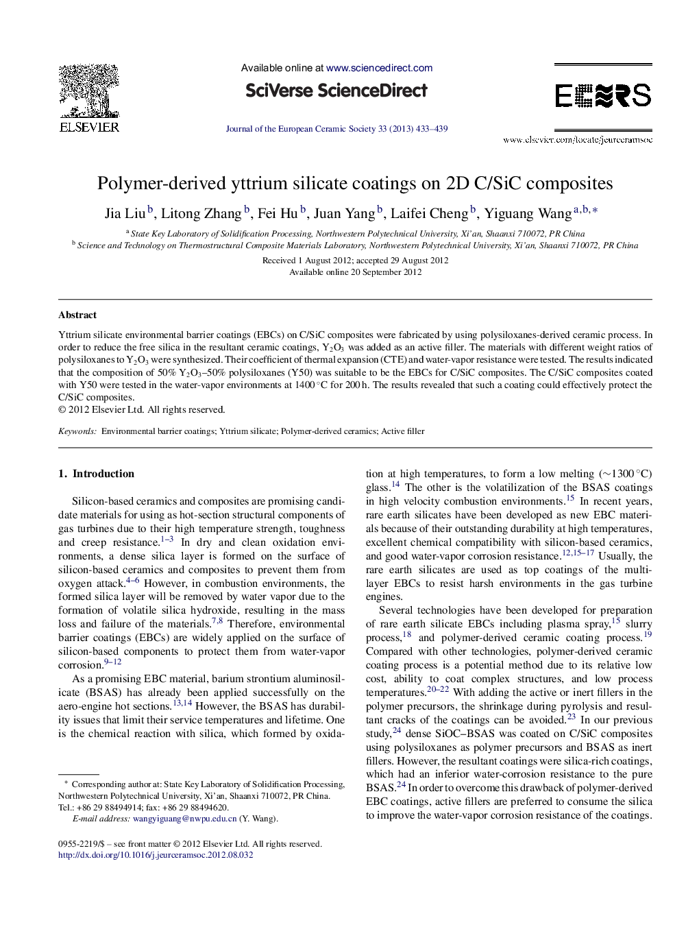 Polymer-derived yttrium silicate coatings on 2D C/SiC composites