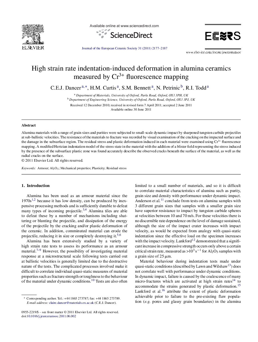 High strain rate indentation-induced deformation in alumina ceramics measured by Cr3+ fluorescence mapping