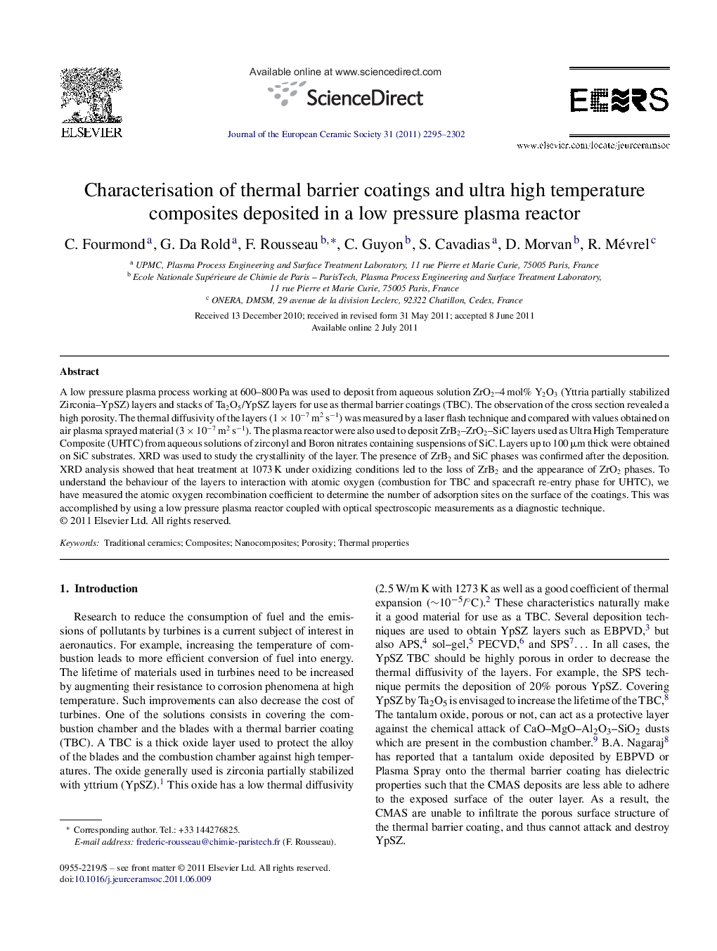 Characterisation of thermal barrier coatings and ultra high temperature composites deposited in a low pressure plasma reactor