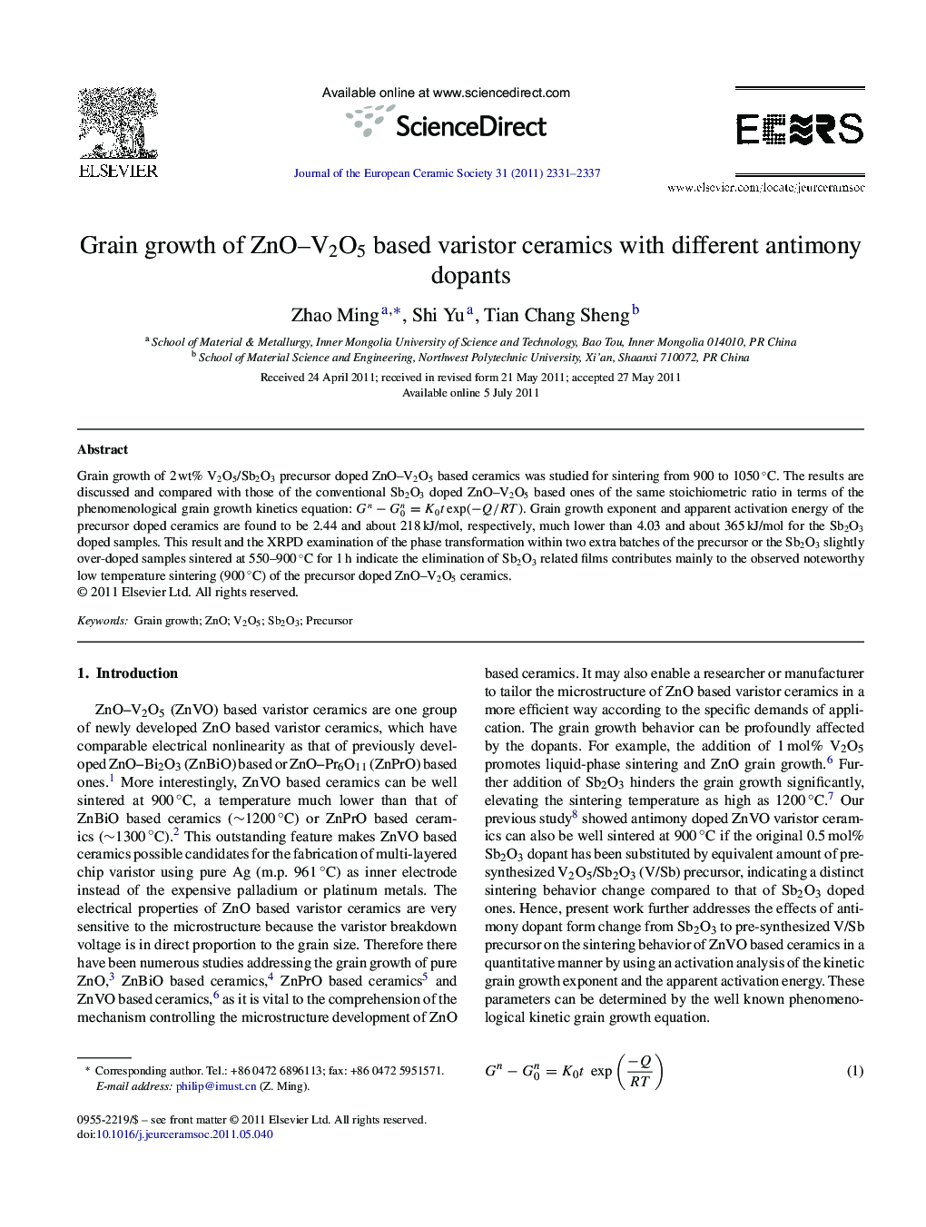 Grain growth of ZnO–V2O5 based varistor ceramics with different antimony dopants