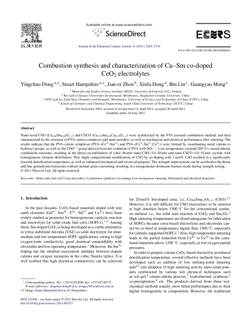 Combustion synthesis and characterization of Cu-Sm co-doped CeO2 electrolytes