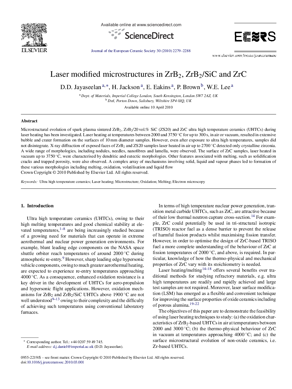 Laser modified microstructures in ZrB2, ZrB2/SiC and ZrC