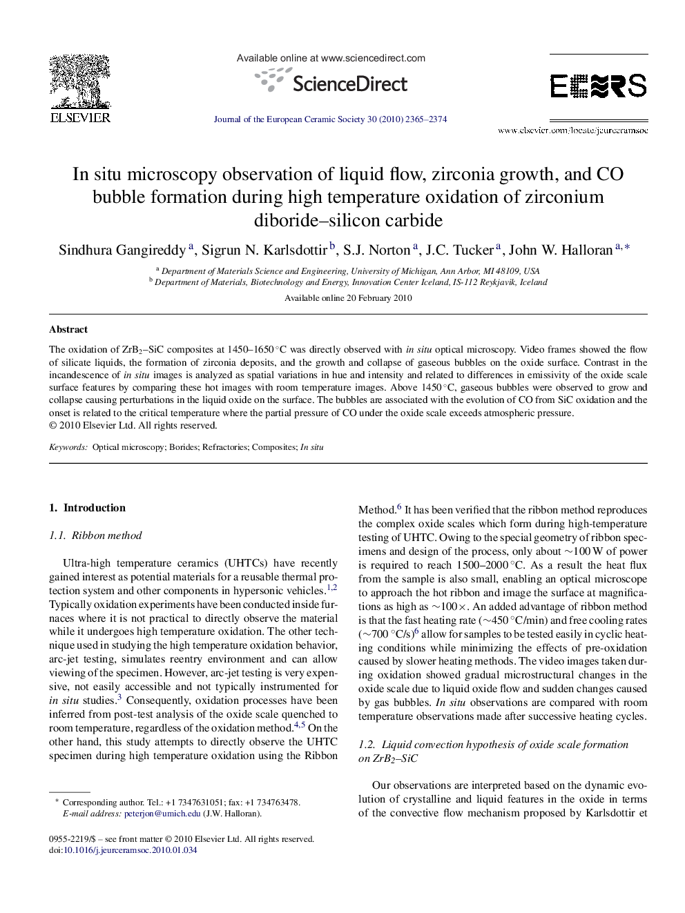 In situ microscopy observation of liquid flow, zirconia growth, and CO bubble formation during high temperature oxidation of zirconium diboride–silicon carbide