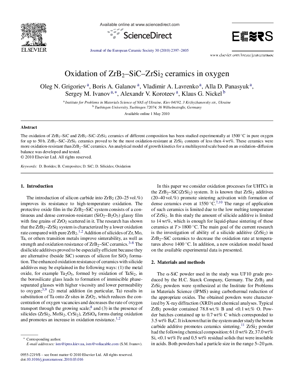 Oxidation of ZrB2–SiC–ZrSi2 ceramics in oxygen