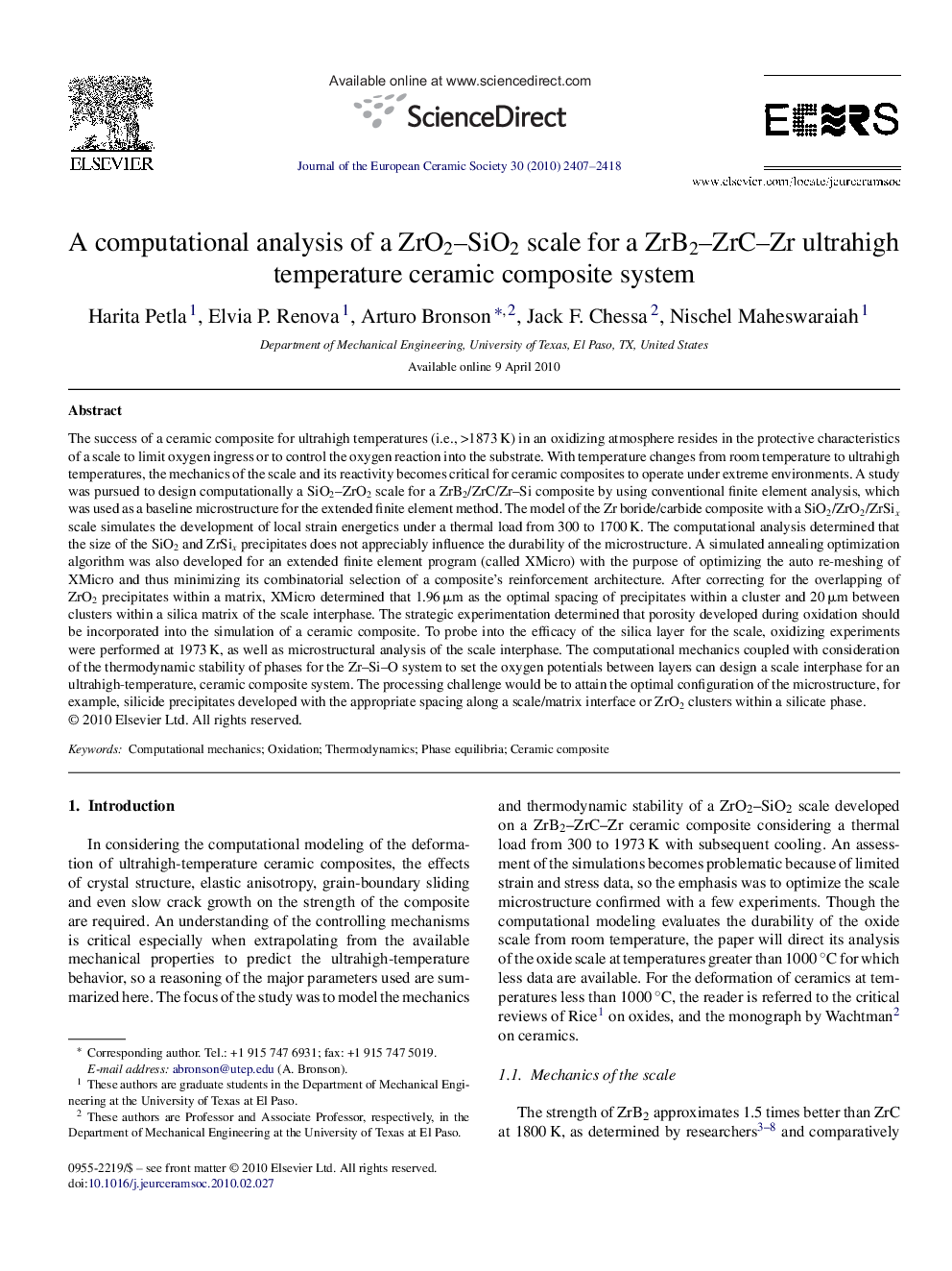 A computational analysis of a ZrO2–SiO2 scale for a ZrB2–ZrC–Zr ultrahigh temperature ceramic composite system