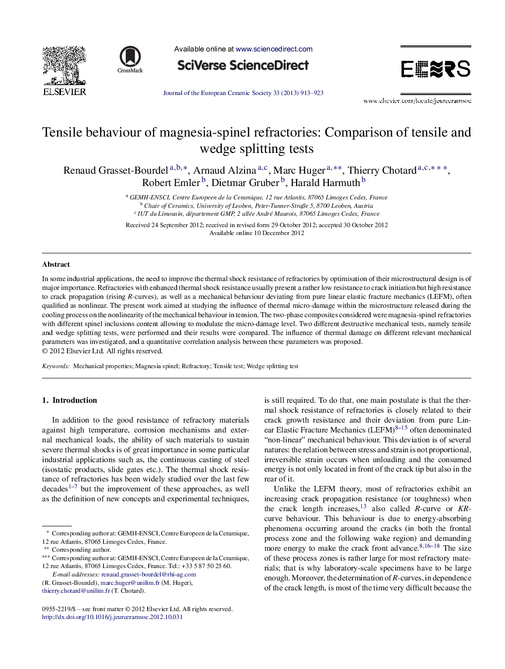 عکس صفحه اول مقاله: Tensile behaviour of magnesia-spinel refractories: Comparison of tensile and wedge splitting tests Tensile behaviour of magnesia-spinel refractories: Comparison of tensile and wedge splitting tests