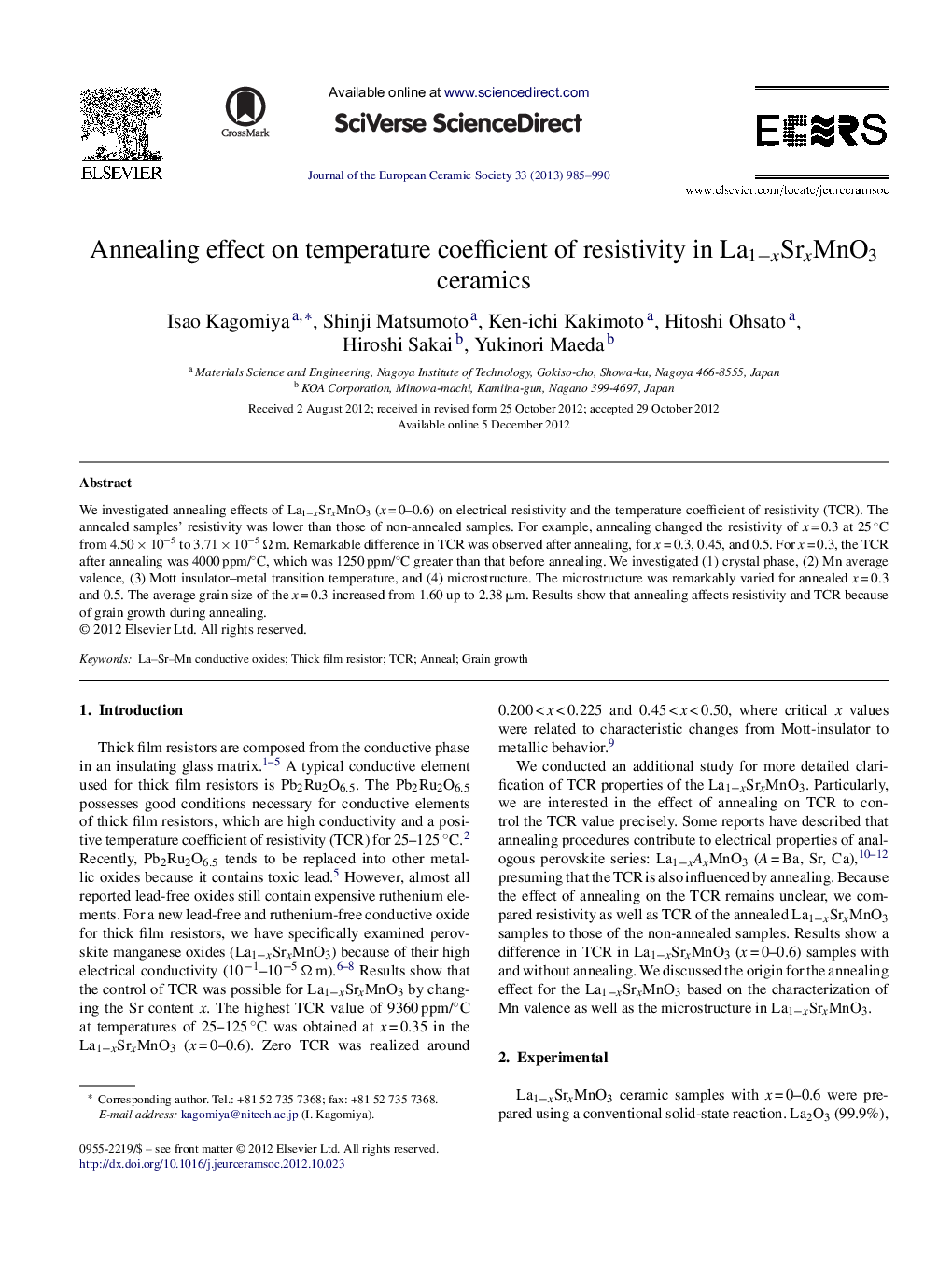 Annealing effect on temperature coefficient of resistivity in La1−xSrxMnO3 ceramics