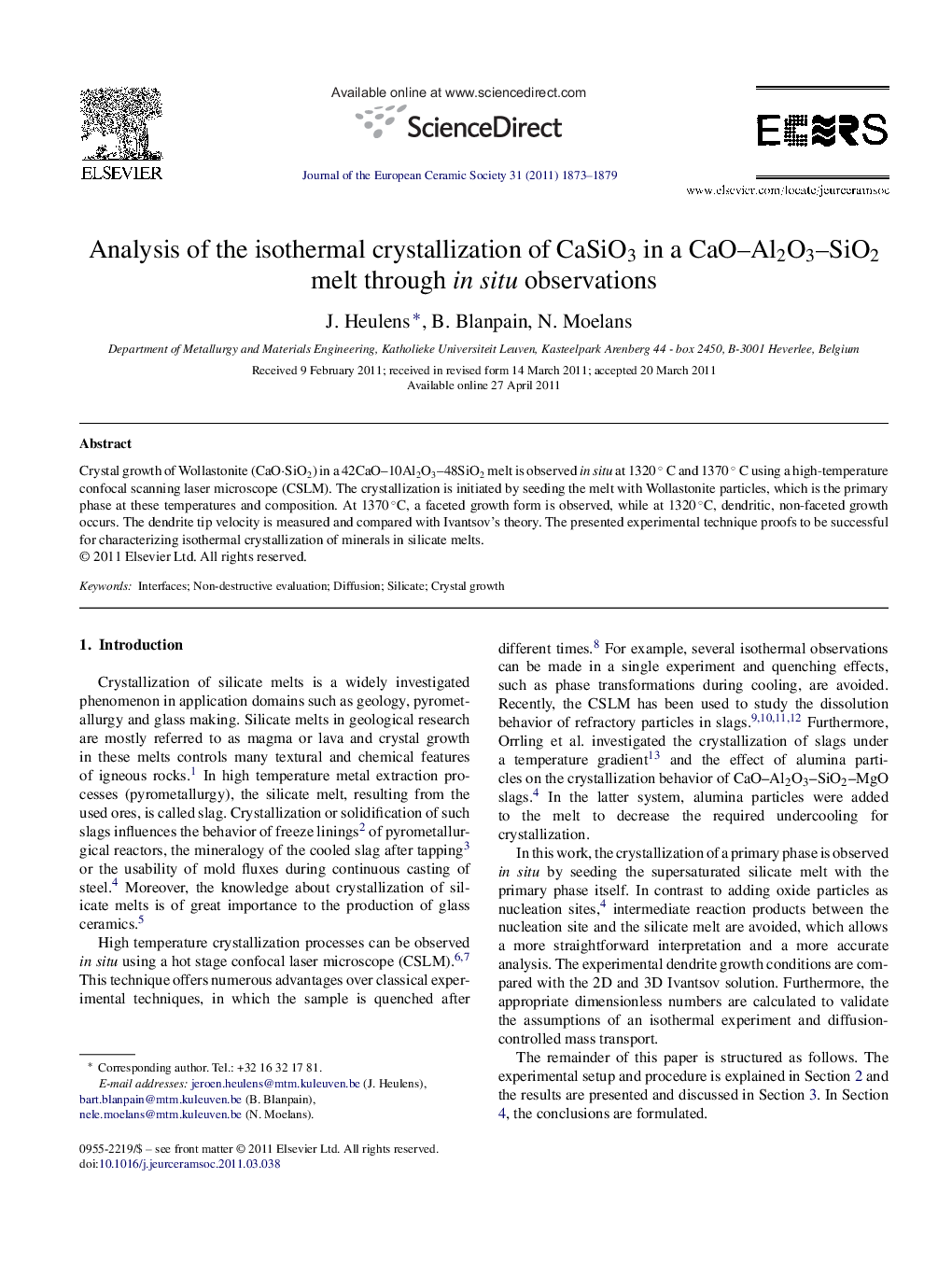 Analysis of the isothermal crystallization of CaSiO3 in a CaO–Al2O3–SiO2 melt through in situ observations