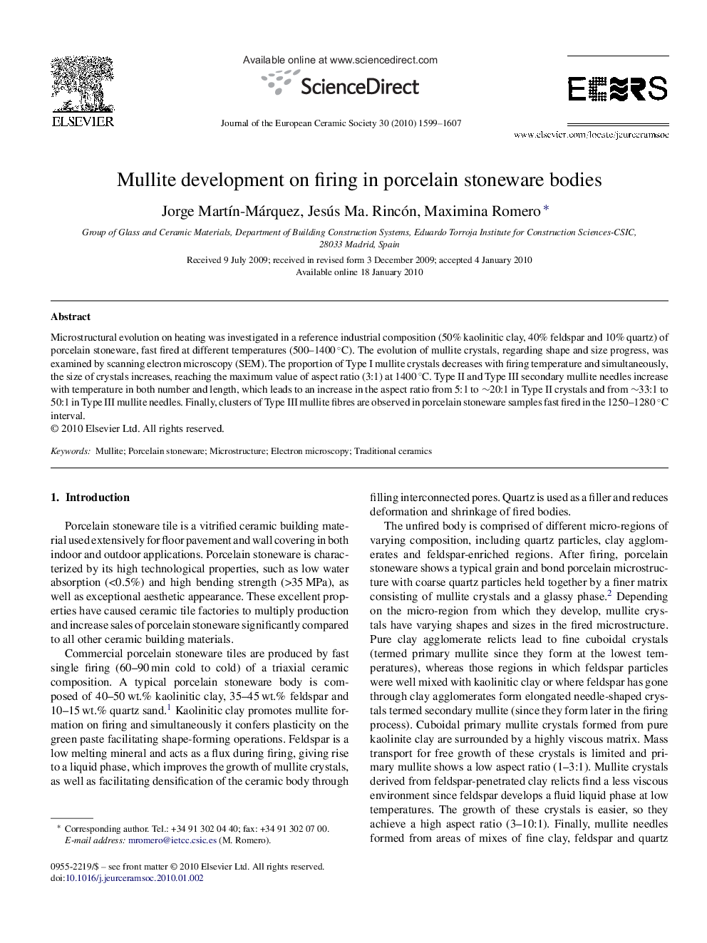 Mullite development on firing in porcelain stoneware bodies