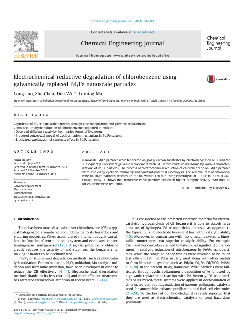 Electrochemical reductive degradation of chlorobenzene using galvanically replaced Pd/Fe nanoscale particles