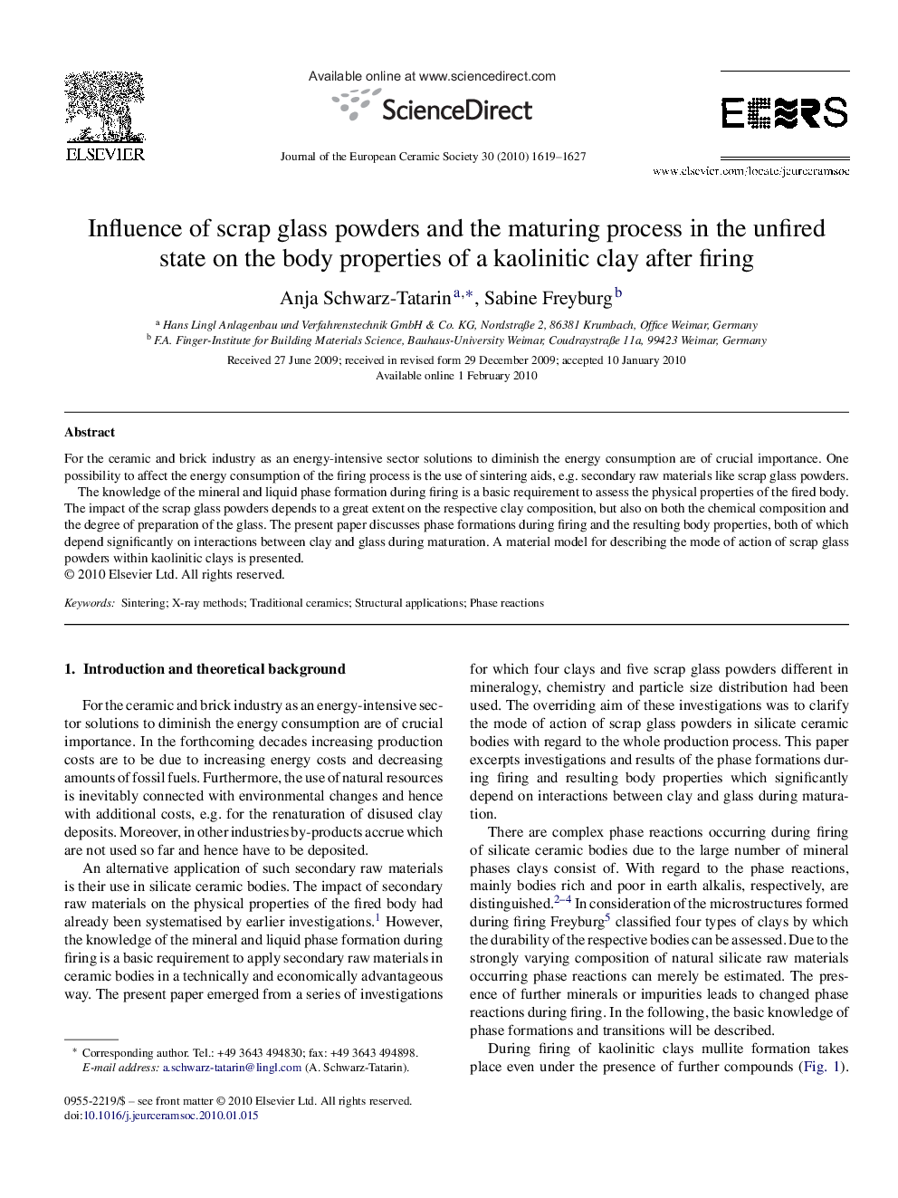 Influence of scrap glass powders and the maturing process in the unfired state on the body properties of a kaolinitic clay after firing